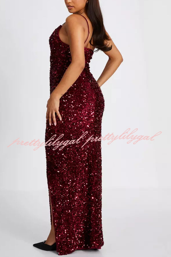 Glam Day Velvet Sequin One Shoulder Cutout Detail Slit Stretch Maxi Dress