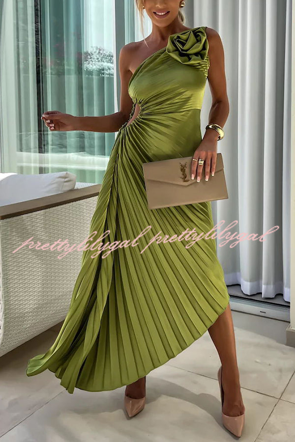 Romantic Nights Satin Raised Flower Elastic Cutout One Shoulder Pleated Maxi Dress