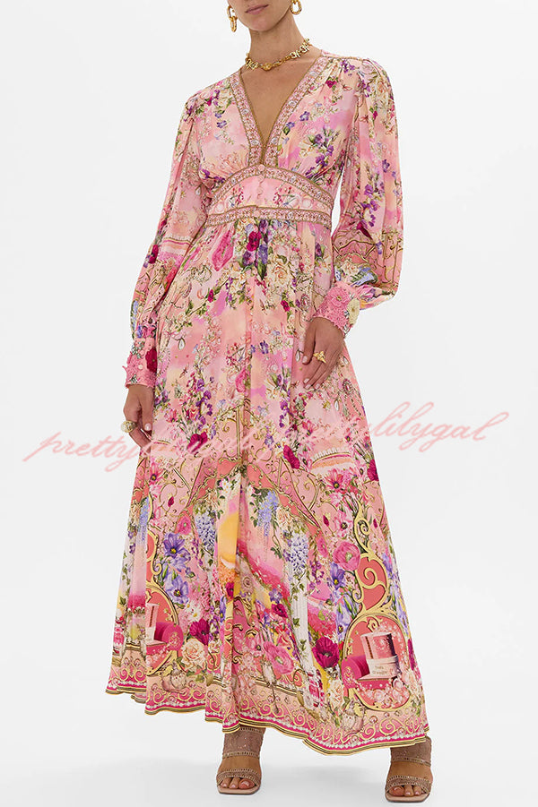 Fairy Tale Print V-Neck Lantern Sleeve Waist Maxi Dress