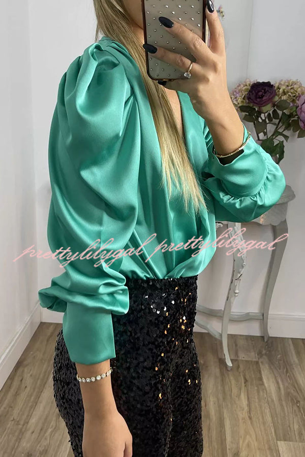 Perfectly Adored Satin Crossover Neckline Puff Sleeve Blouse