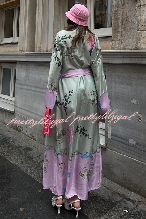 Karty Satin Unique Print Long Sleeve Belt Lapel Kimono Cover-ups