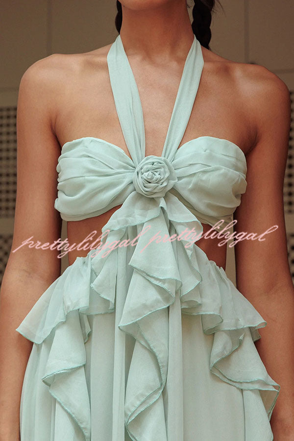 Gorgeous Vacation Halter Rose Detail Cut Out Ruffles Backless Maxi Dress