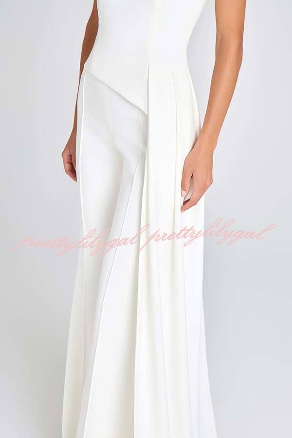 Pippa High Neck Short Sleeve Irregular Drape Hem Top and Elastic Waist Flare Pants Set