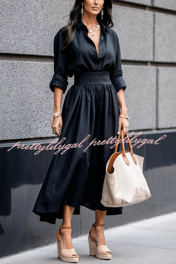 Solid Color Lapel Long Sleeve Casual Waist Midi Dress