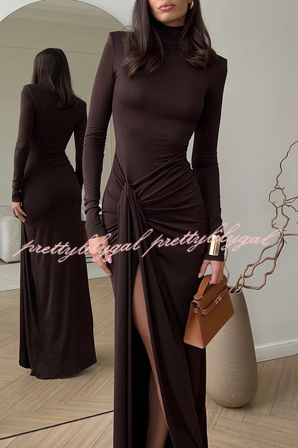 Luxe Silhouette High Neck Shoulder Pads Drape Stretch Maxi Dress