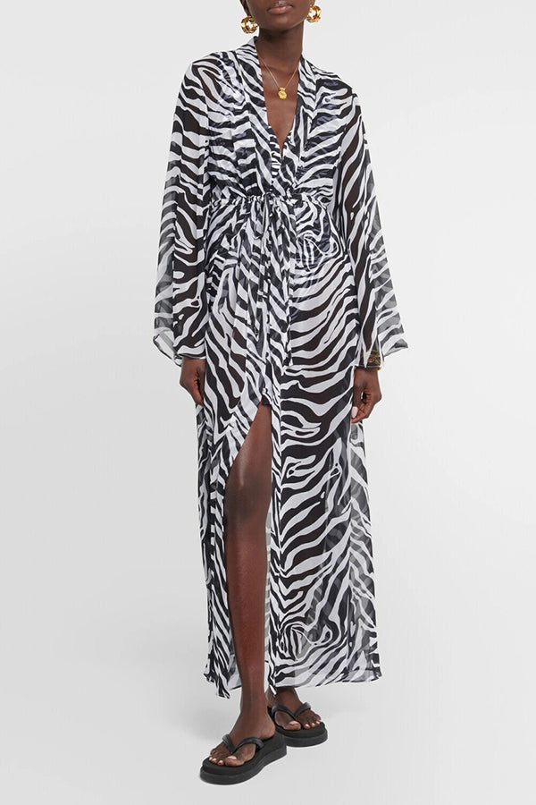 Marsie Zebra-print Elastic Drawstring Waist Long Bell Sleeve Cover-up Kimono
