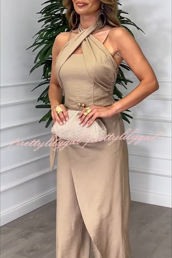 Kathy Linen Blend Cross Halter Smocked Top and Elastic Waist Wrap Tie-up Pants Set