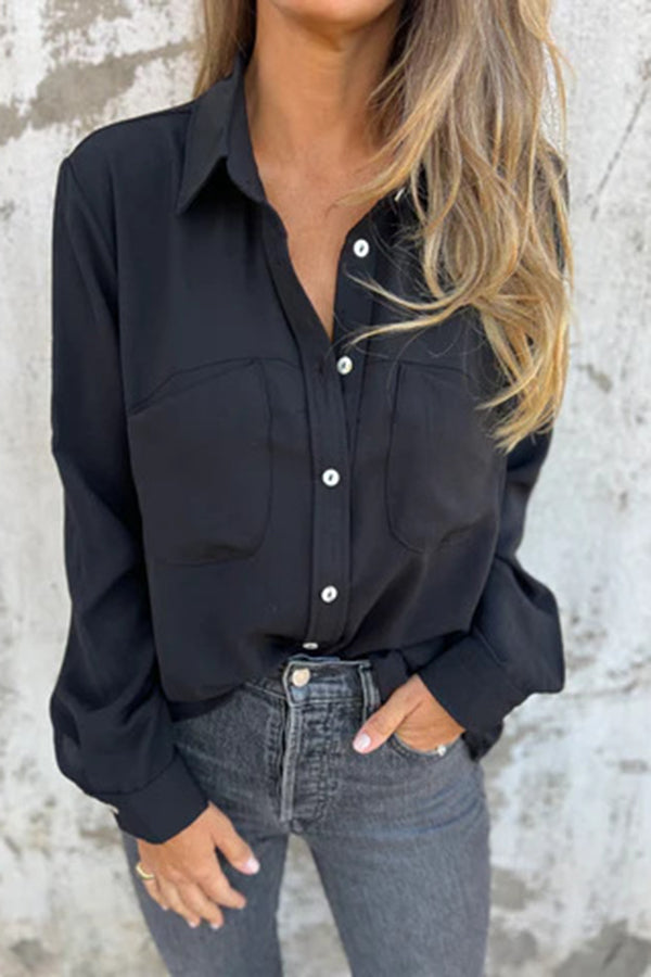 Solid Color Lapel Button Pocket Casual Long Sleeve Shirt