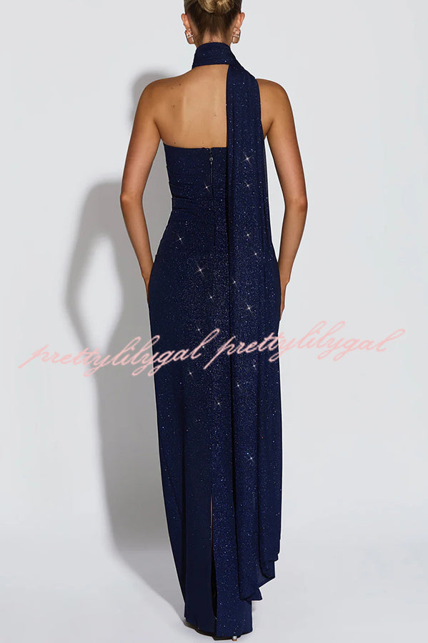 Pandra Glittery Crepe Fabric Off Shoulder Ruched Slit Cape Maxi Dress