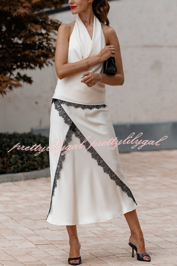 Iriena Satin Lace Trim Cowl Halter Neck Tank and Mid Rise Midi Skirt Set