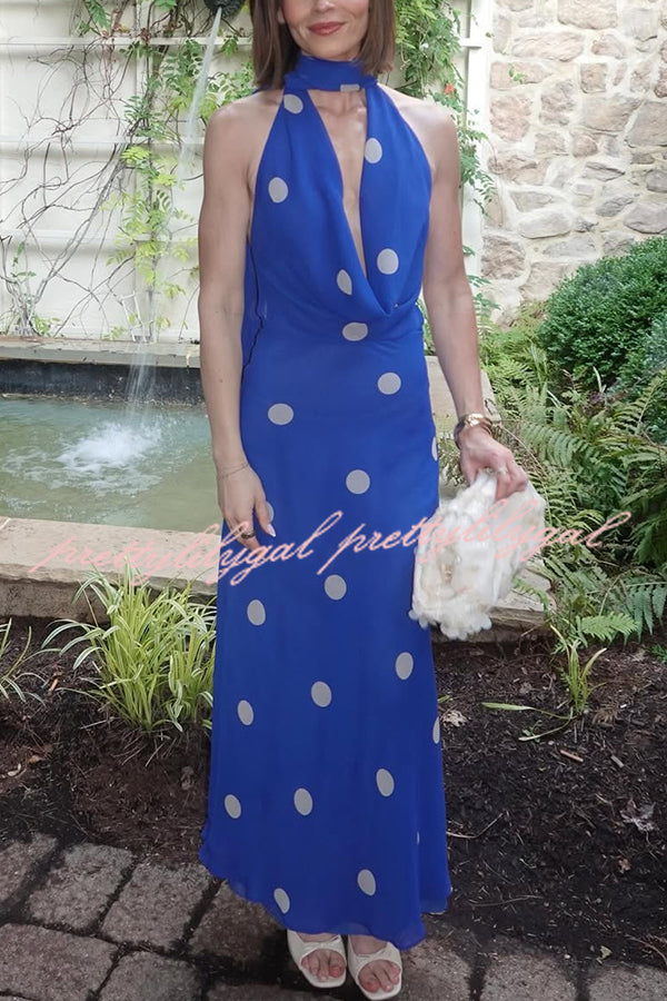 Fashion Polka Dot Print Sexy Halter Neck Backless Maxi Dress