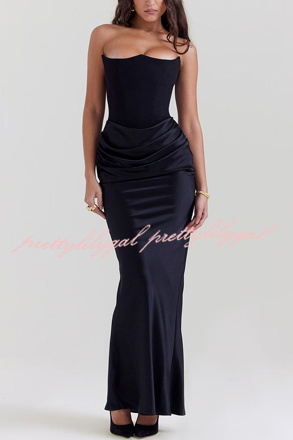 Persephone Crepe and Satin Patchwork Off Shoulder Ruched Maxi Dress