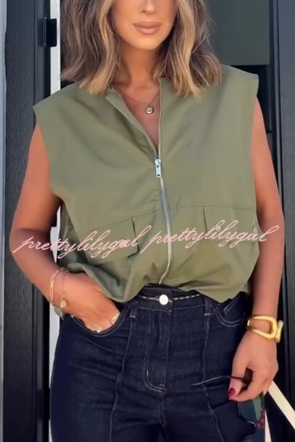 Fashion Zipper Sleeveless Pocket Loose Vest Jacket