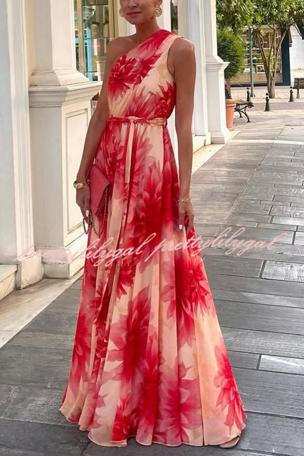 Floral Print One Shoulder Waist Tie Full Hem Resort Style Maxi Dress