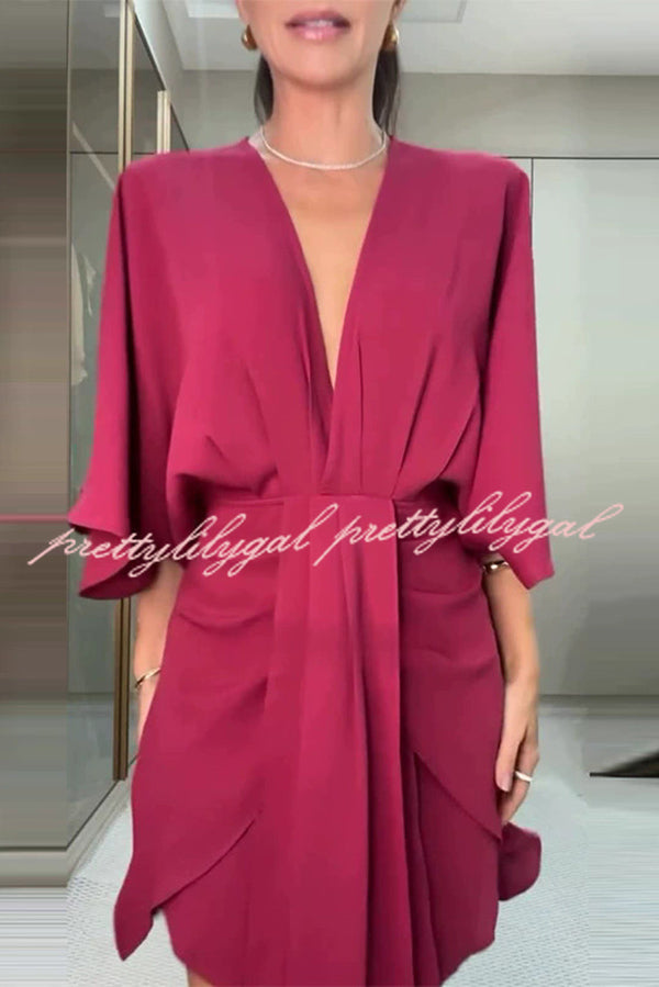 Solid Color V-Neck Half Sleeve Casual Irregular Mini Dress