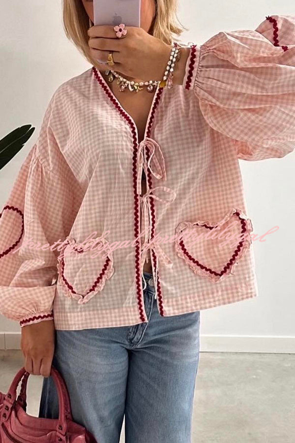 Lovely Plaid Heart Pattern Casual Lace-up Pocket Loose Shirt