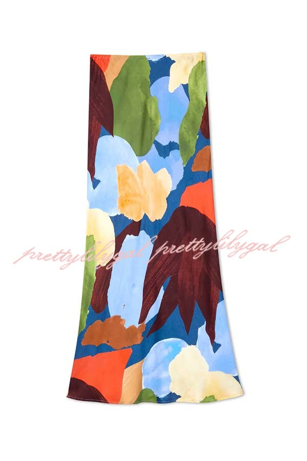 Bright and Bold Satin Abstract Color Blocks Print Elastic Waist Drape Maxi Skirt