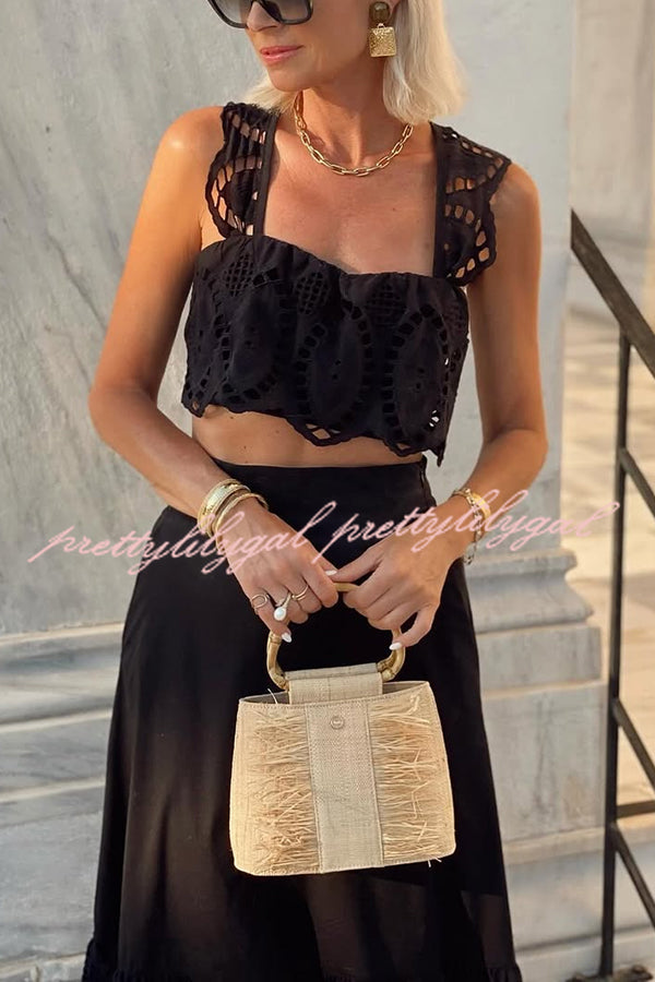 Summer City Hollow Lace Crop Tank and Elastic Waist Pocketed A-line Maxi Skirt Set