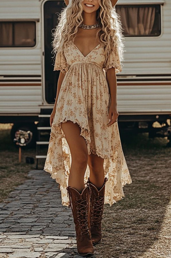 Floral Print V-neck Short-sleeved Fitted Waist Asymmetrical Midi Dress prettylilygal Floral Print V-neck Short-sleeved Fitted Waist Asymmetrical Midi Dress prettylilygal