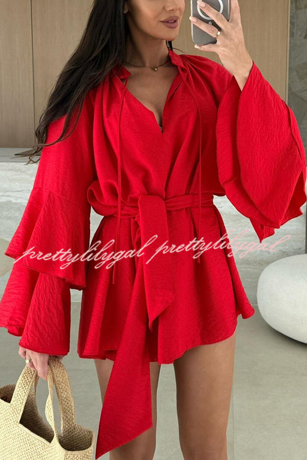 Solid Color V-neck Ruffled Long Sleeve Waist Tie Mini Dress