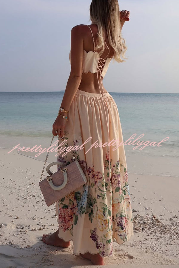 Cabo Sunsets Floral Print Petal Trim Back Lace-up Midi Dress