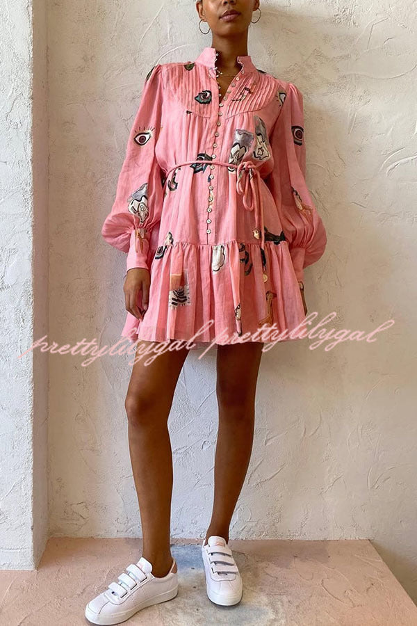 Unique Print Single Breasted Balloon Sleeve Tie Waist Ruffled Mini Dress