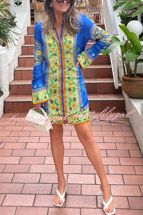 Katia Satin Unique Print Shaped Collar Tie-up Waist Shirt Mini Dress