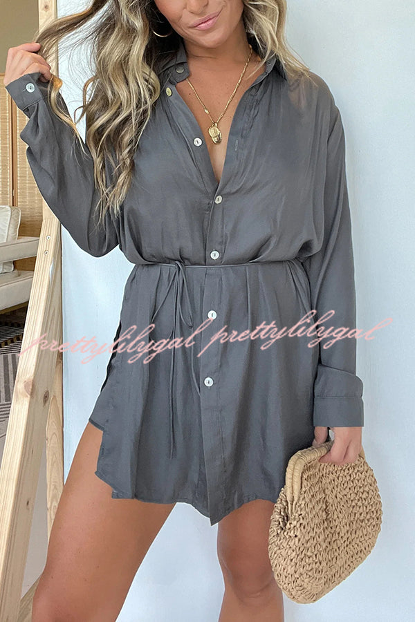 Solid Color Long Sleeve Button Casual Shirt-Style Rompers