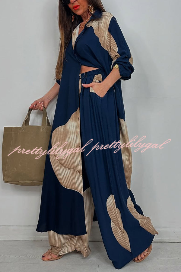 Unique Printed Casual Loose Long Shirt and Elastic Waist Pocket Wide Leg Pants Set