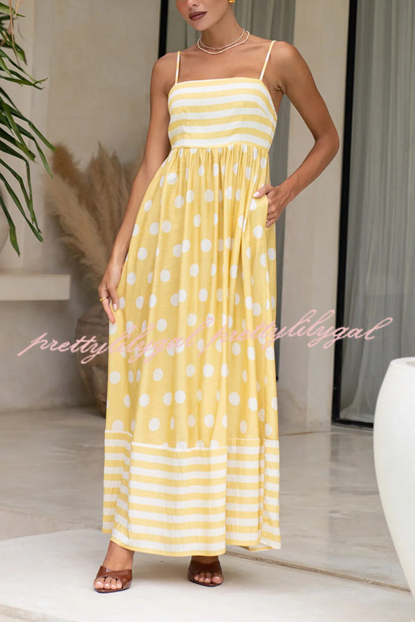 Striped Polka-dot Print Sling Pleated Open-back Maxi Dress