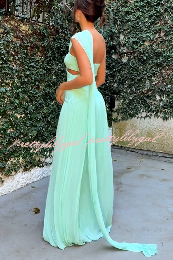 Forest Muse Chiffon Pleated Off Shoulder Cutout Waist Cape Maxi Dress