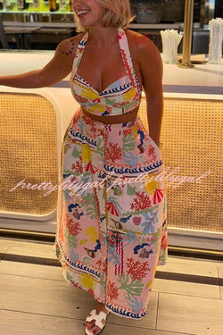 Multicolor Printed Sexy V Neck Halter Top and Midi Button-down Skirt Set