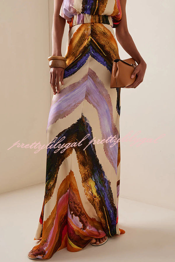 Unique Print Sleeveless Stretch Stand Collar Top and Elegant Maxi Skirt Set