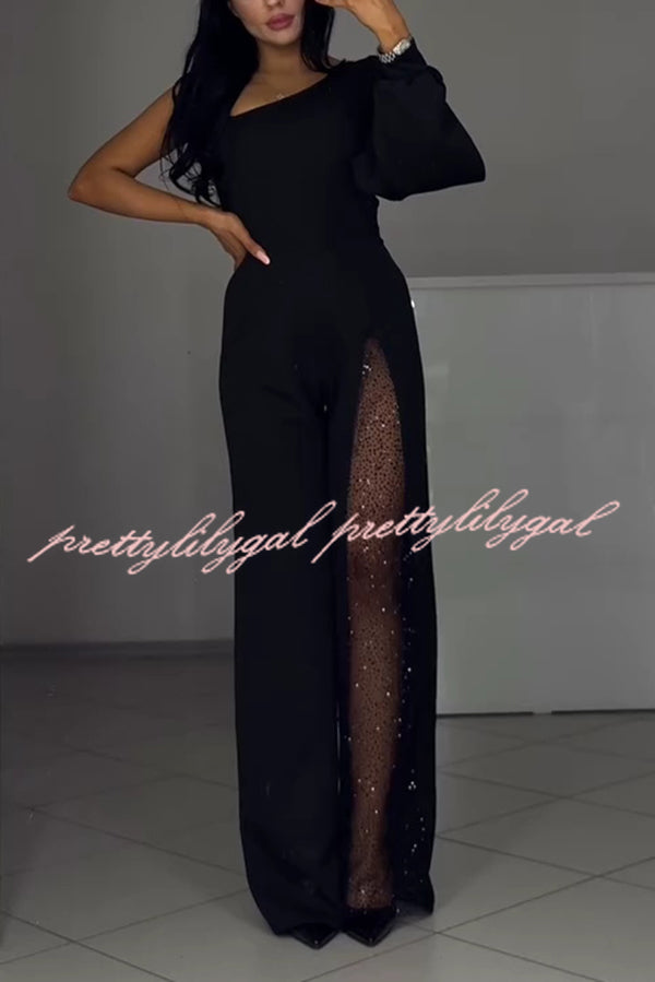 Fashionable Oblique Shoulder One-sleeve Sexy High Slit Slim Jumpsuit