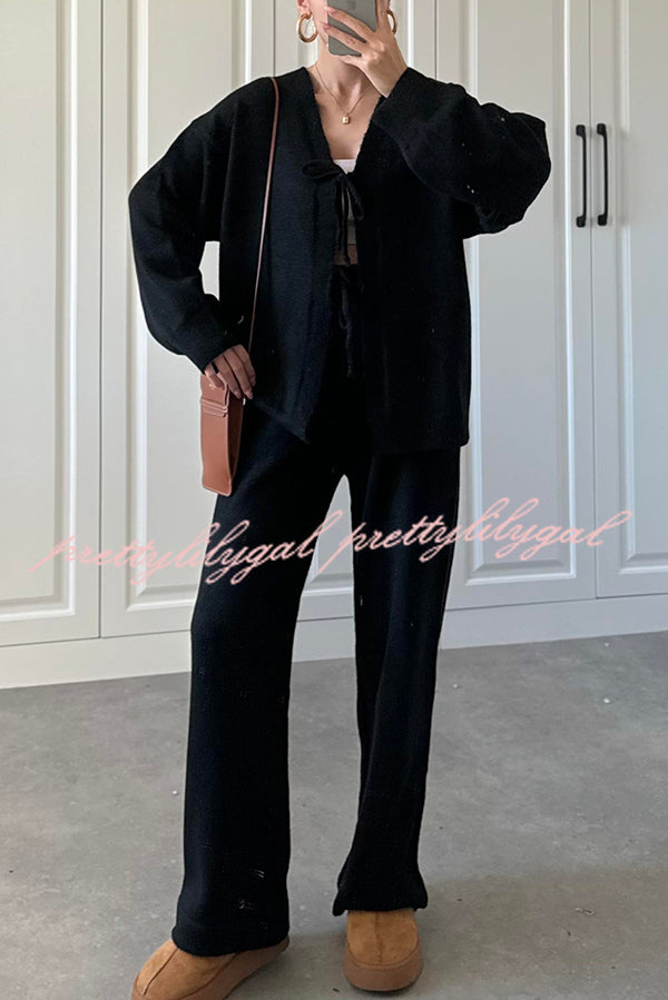 Solid Color V-neck Tie Long-sleeved Loose Knit Cardigan and Elastic Waist Casual Straight Leg Pants Set