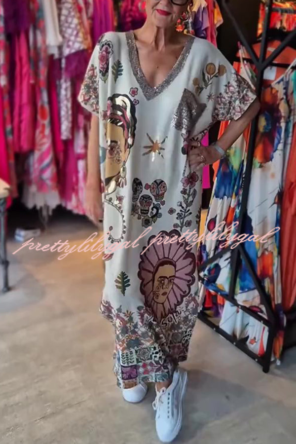 Fashion Printed V-neck Short-sleeved Casual Loose Maxi Dress