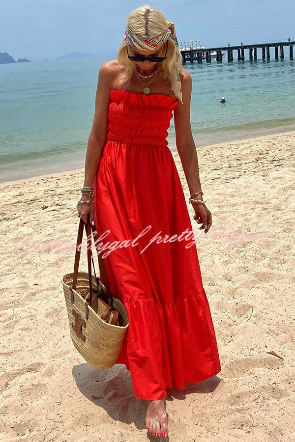 Phuket Sunsets Smocked Bust Off Shoulder Vacation Maxi Dress