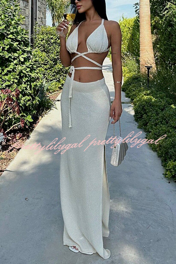Solid Color Sexy Lace-up Swimsuit and Knitted Elastic Slit Beach Maxi Skirt Set
