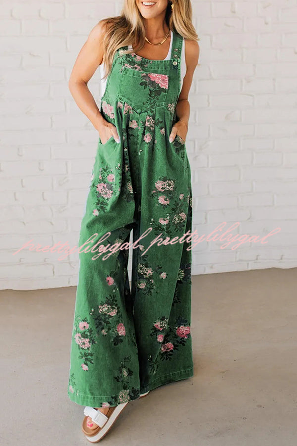 Fashion Floral Print Casual Button Pocket Loose Denim Overalls
