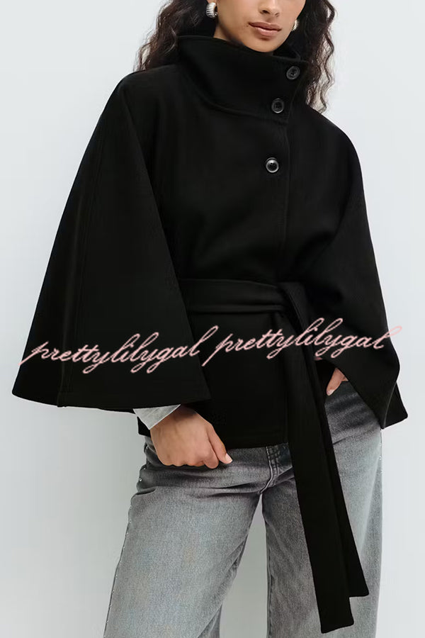 Fashionable Stand Collar Button Waist Tie Loose Cape