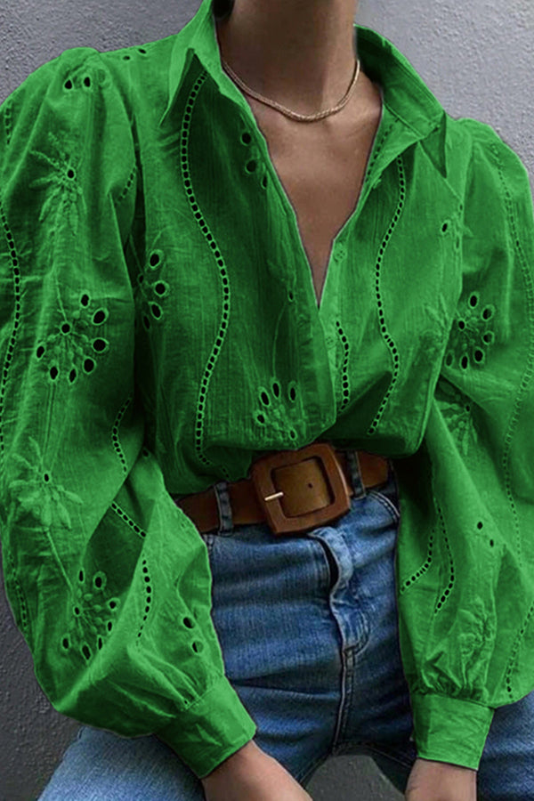 Fashion Hollow Puff Sleeve Casual Lapel Loose Shirt