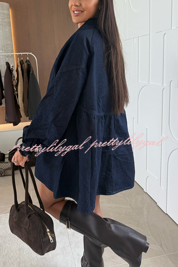 Fashion Heart Button Long Sleeve Casual Pocket Denim Mini Dress