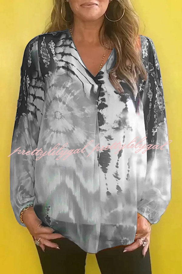 Fashionable Gradient Tie-dye V-neck Long-sleeved Casual Shirt