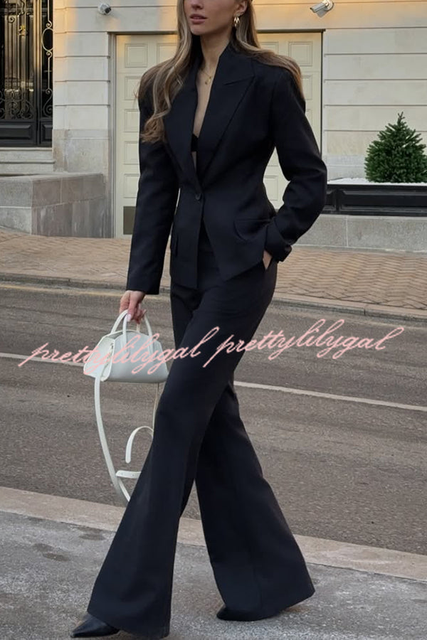 Solid Color Long-sleeved Single-button Blazer and Pocket Casual Flared Pants Set