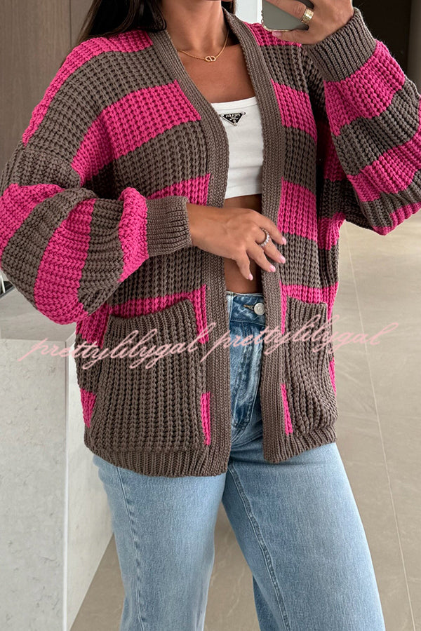 Fashionable Patchwork Striped Casual Pocket Knitted Sweater