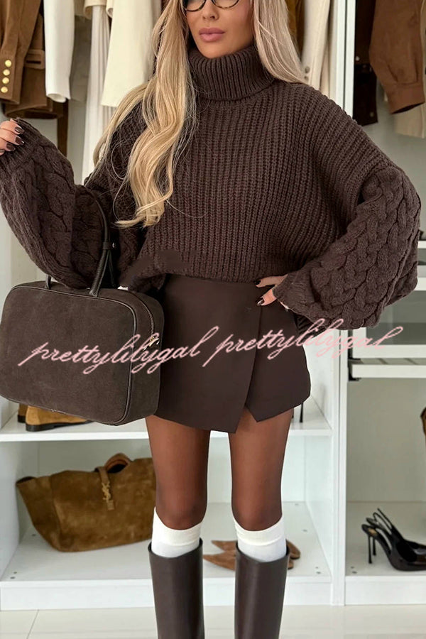 Stylish and Comfortable Ribbed Knit Turtleneck Cable Sleeve Loose Sweater