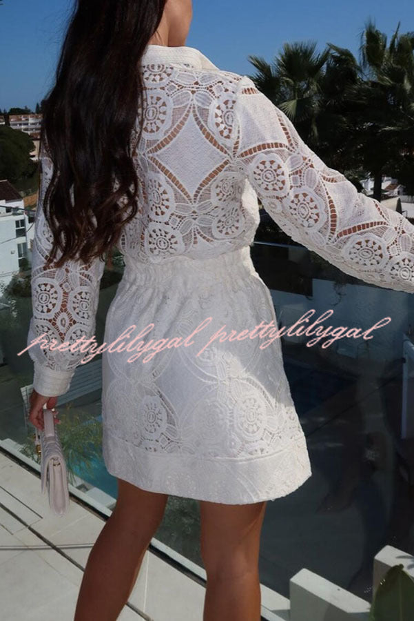 Unique Crochet Lace Long Sleeve Button Blouse and High Rise Skirt Set