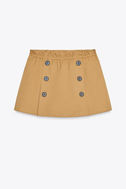 Chic Comfort Mid Rise Elastic Waist Contrast Buttons Pocket Mini Skort