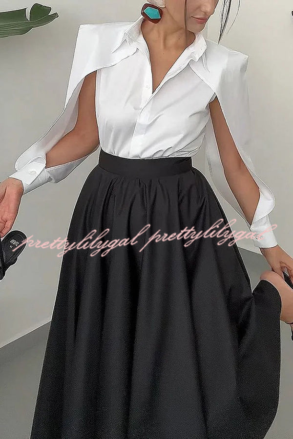 Stylish Lapel Cutout Long-sleeved Shirt and Full-hem Maxi Skirt Set