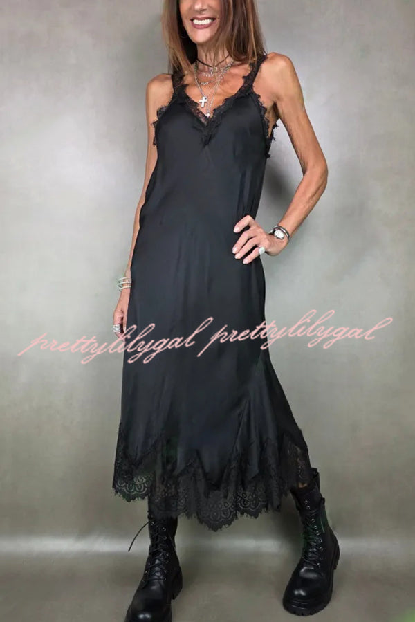 Fashionable V-neck Suspender Lace Splicing Casual Midi Dress